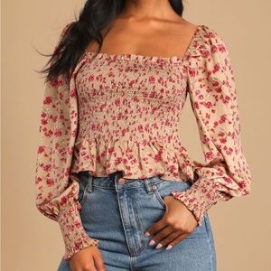 Bouquet Taupe Floral Print Smocked Long Sleeve Top